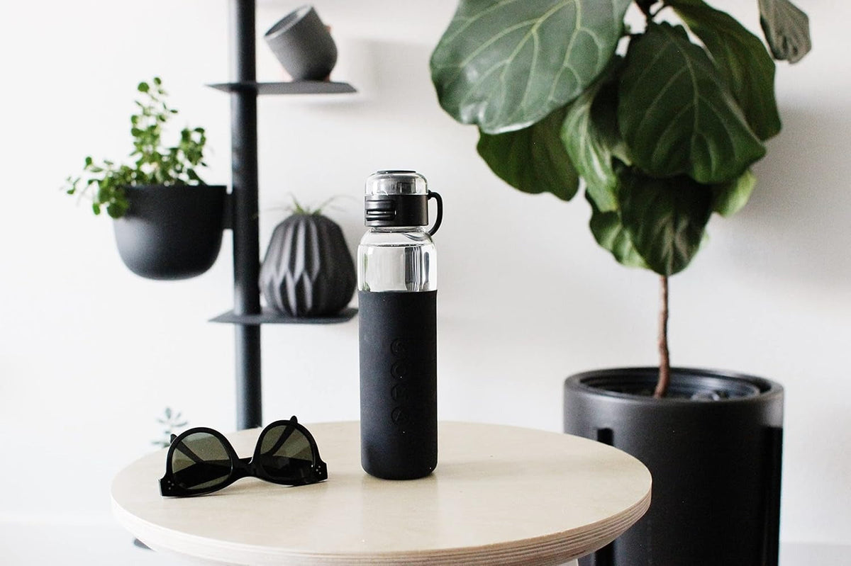 17oz Glass Water Bottle With Silicone Sleeve, Sport Cap - Black