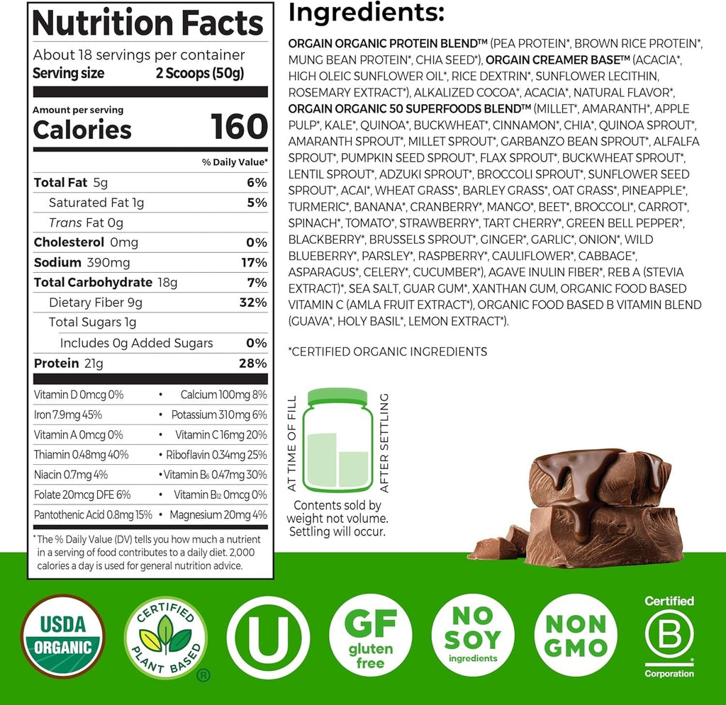 Organic Vegan Protein + 50 Superfoods Powder - Creamy Chocolate Fudge