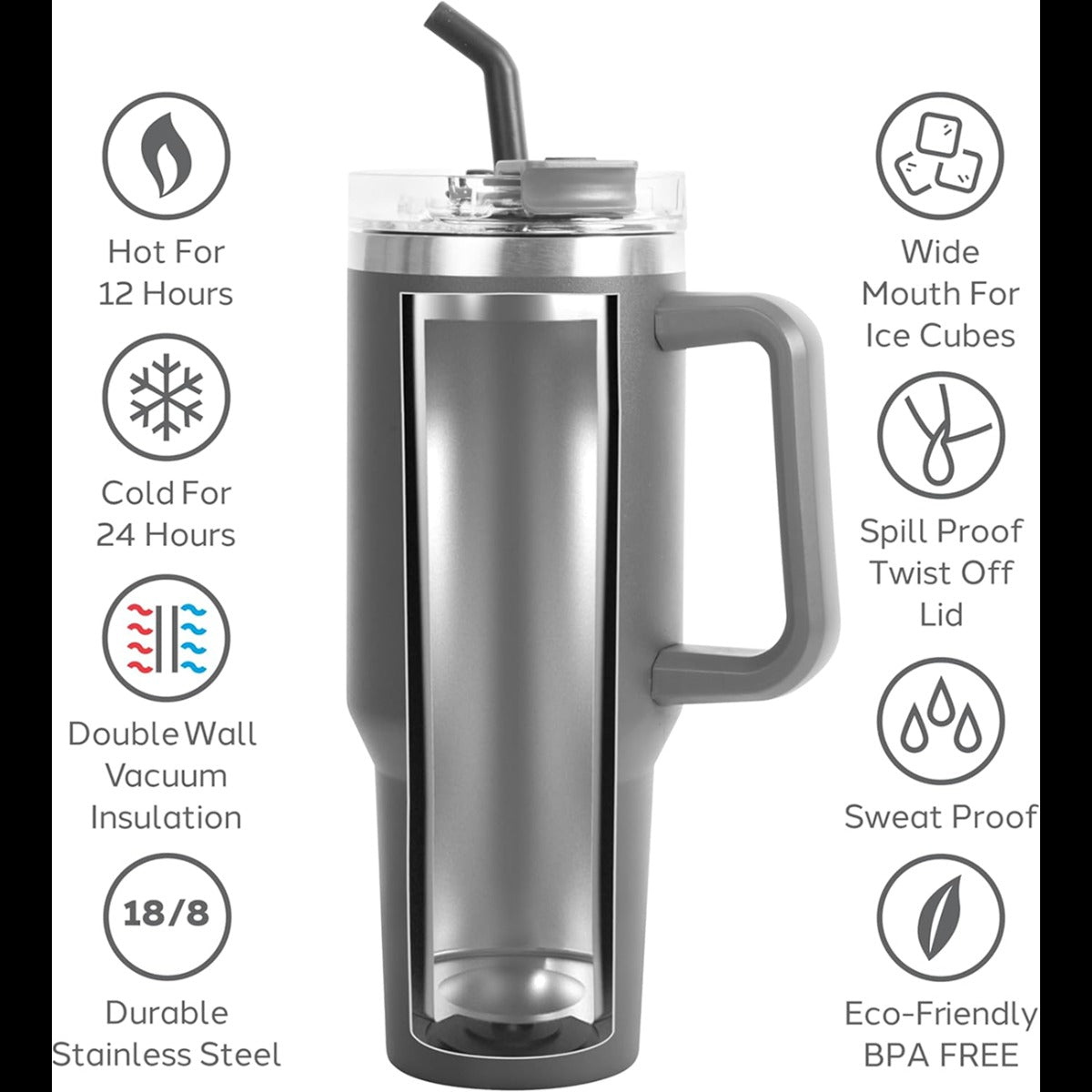 40oz Double Wall Vacuum Insulated Tumbler With Straw - Grey