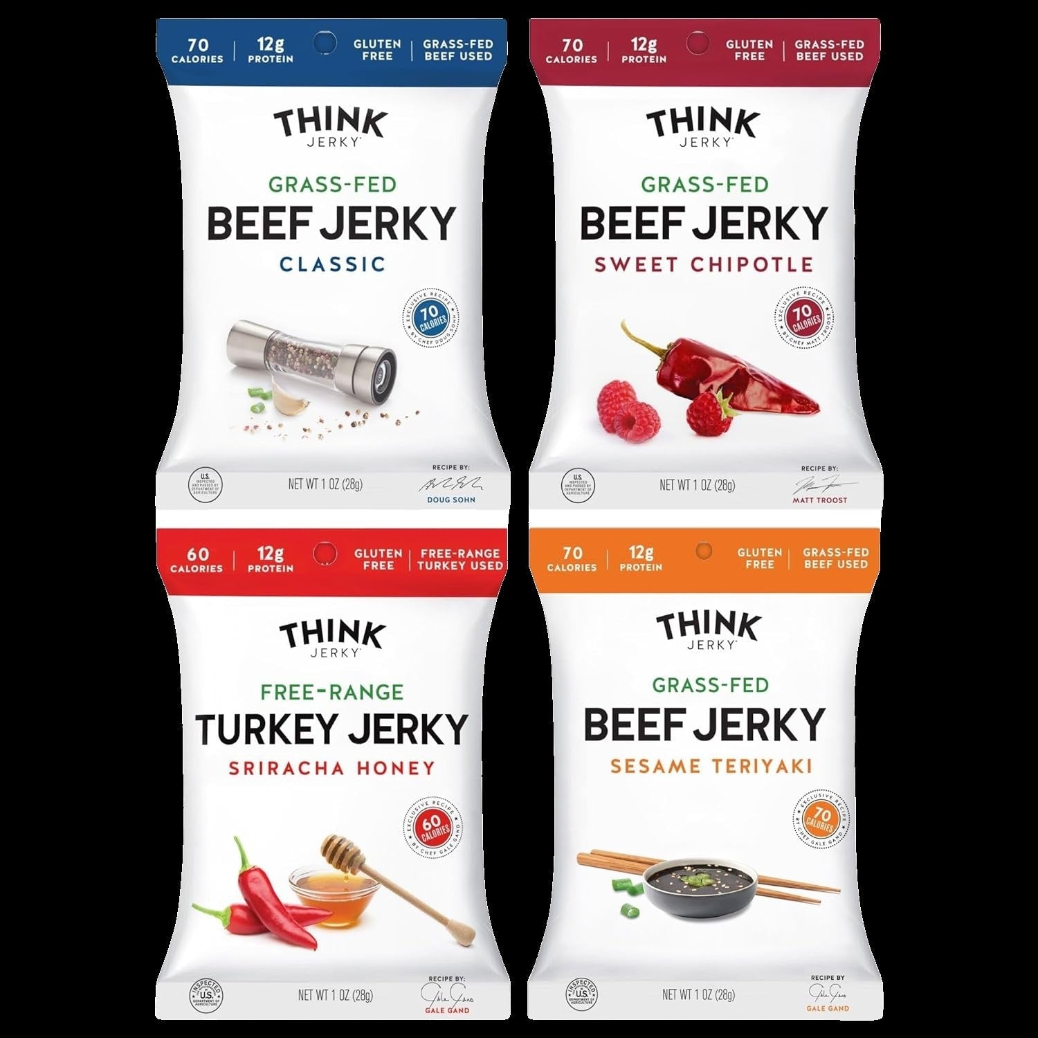 Beef and Turkey Jerky Variety, Original, Sweet Chipotle, Sriracha Honey (4 CT)