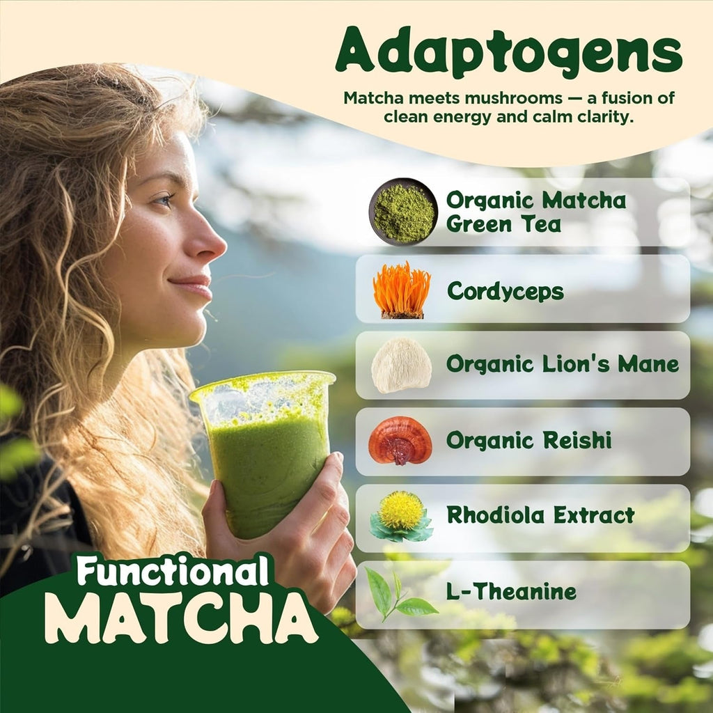 Functional Matcha with 7 Mushrooms, L-Theanine & Ashwagandha