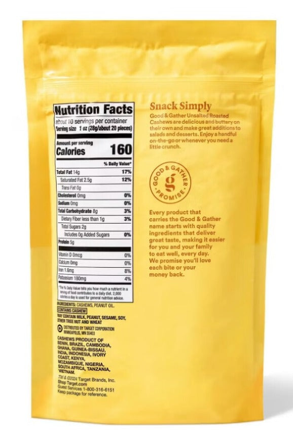 Unsalted Roasted Whole Cashews