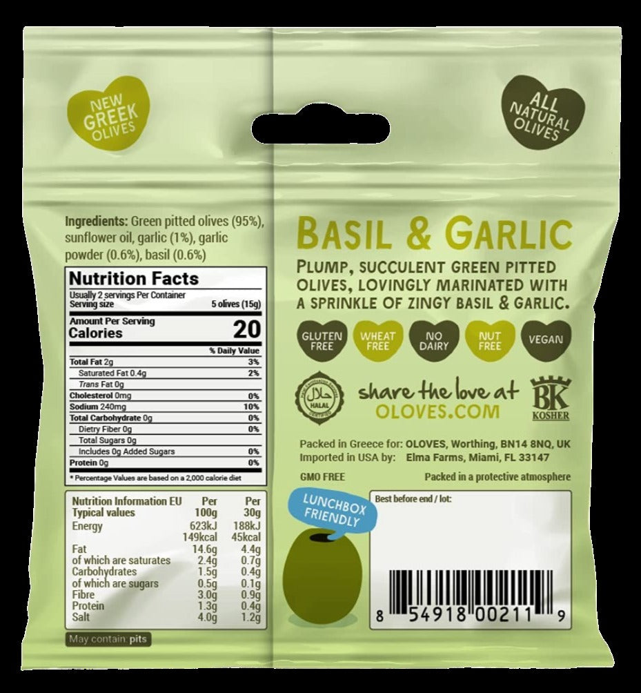 Basil & Garlic Green Pitted Olives (10 Pack)