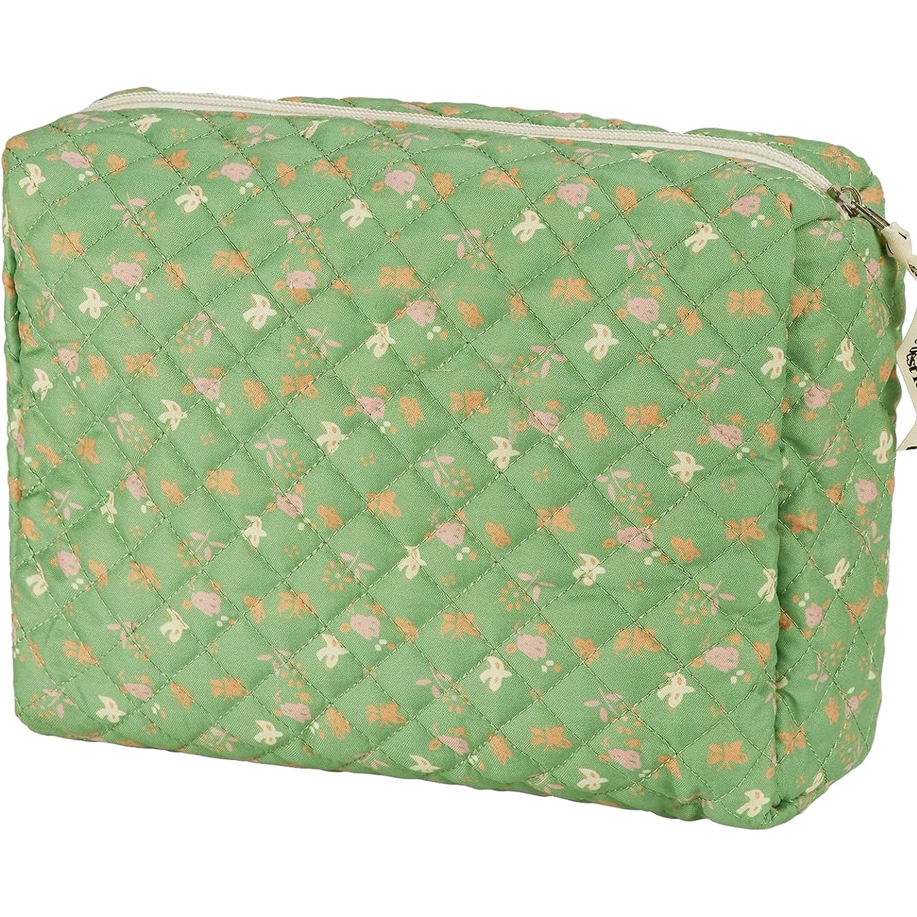 Quilted Green Floral Cosmetic Bag