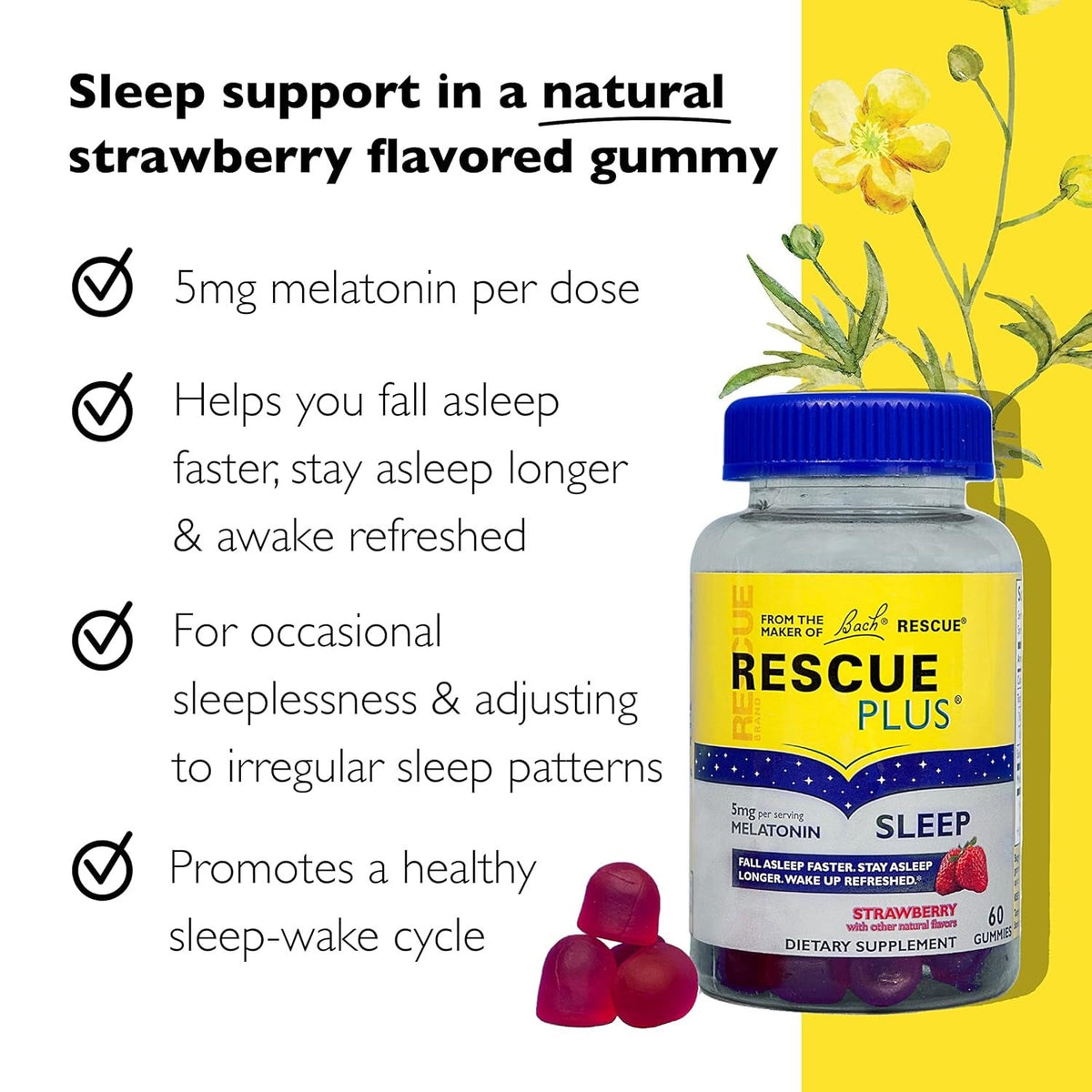 RESCUE PLUS Sleep & Stress Support Gummies, Nighttime with Melatonin