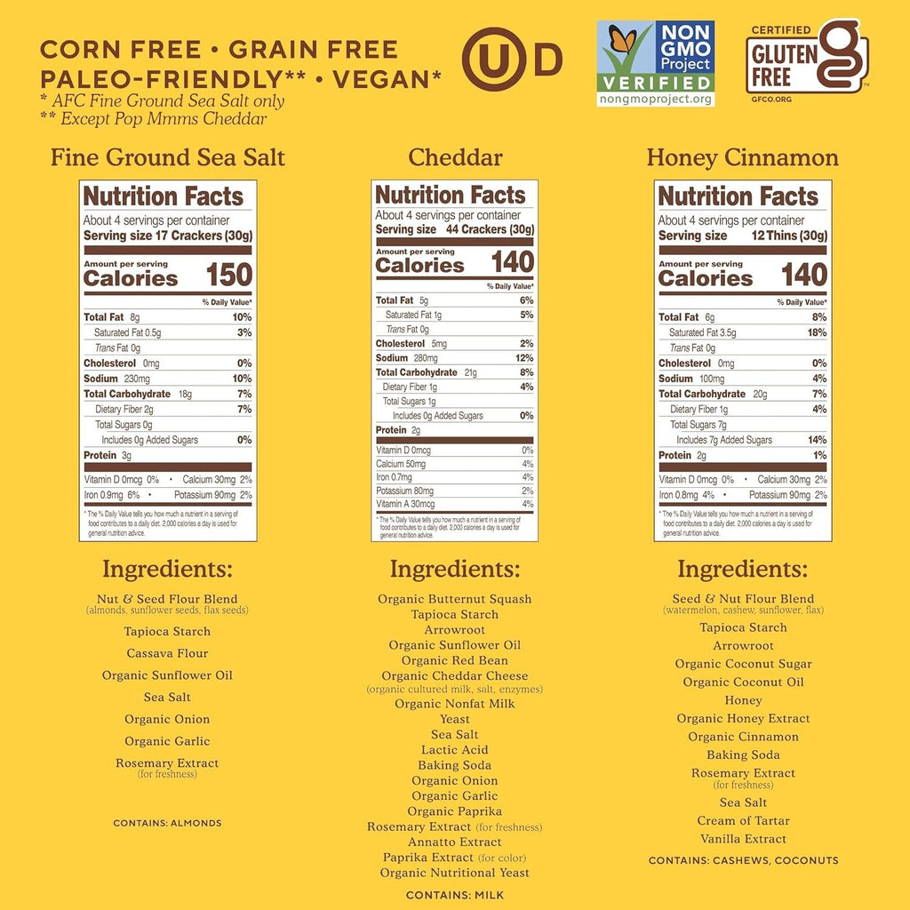 Cracker Variety - Fine Ground Almond Sea Salt, Pop Mmms Cheddar Bakes, Honey Cinnamon (3 Pack)