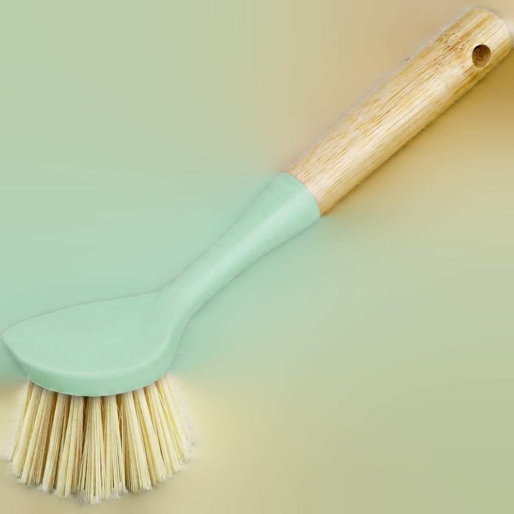 Bamboo Long Handled Dish Brush With Scraper - Sage