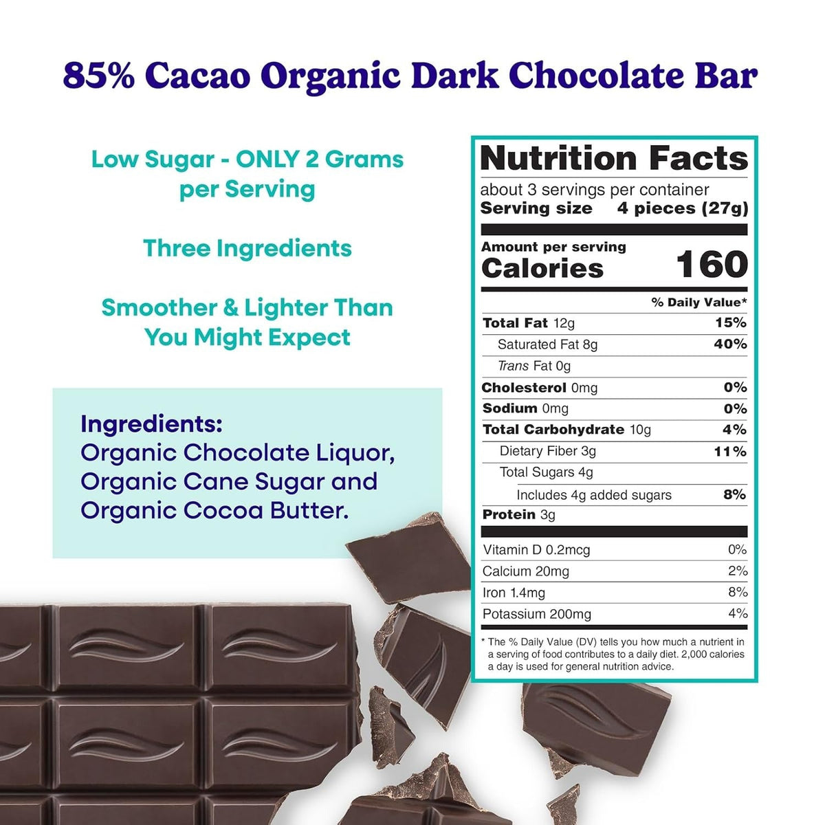 Organic Dark Chocolate Bar 85% Cacao