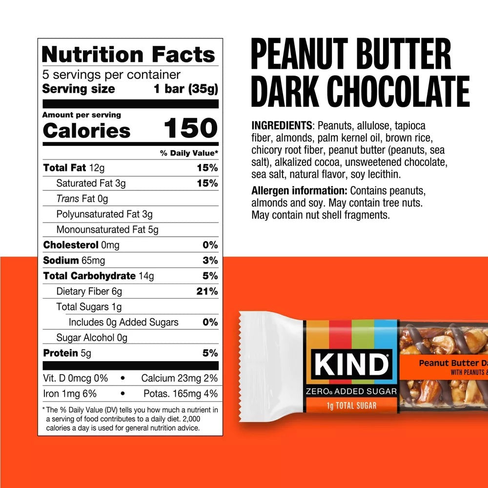 Zero Added Sugar Peanut Butter Dark Chocolate Bars (5 CT)