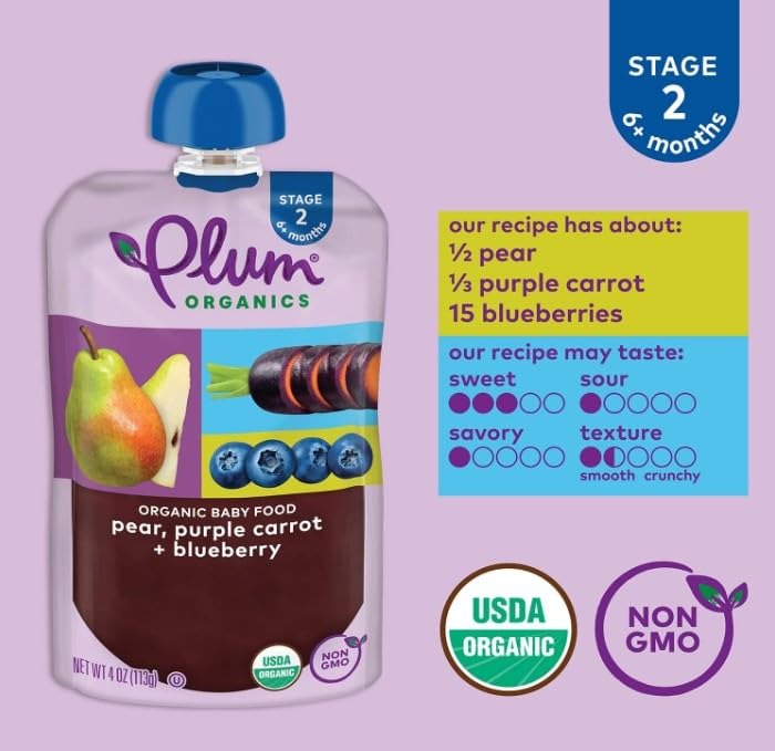 Organic Pear Purple Carrot & Blueberry Stage 2 Baby Food (12 Pack)