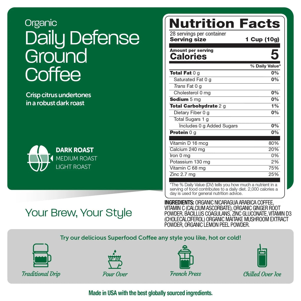 Organic Daily Defense Dark Roast Ground Coffee with Superfoods