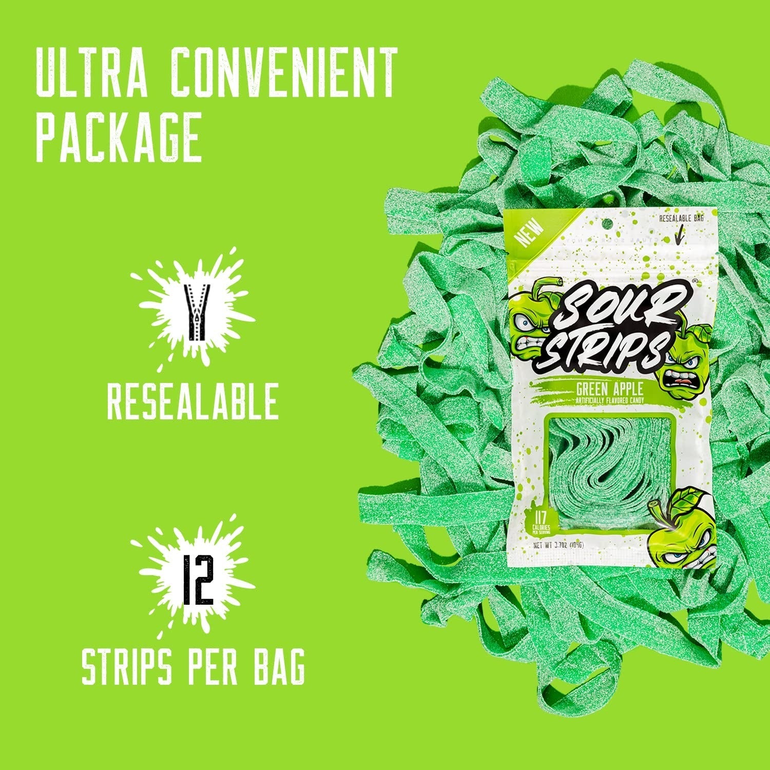 Sour Strips Green Apple Candy Reseal Peg Bag