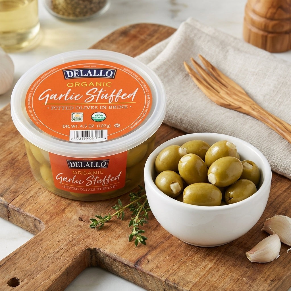 Organic Garlic Stuffed Pitted Olives In Brine