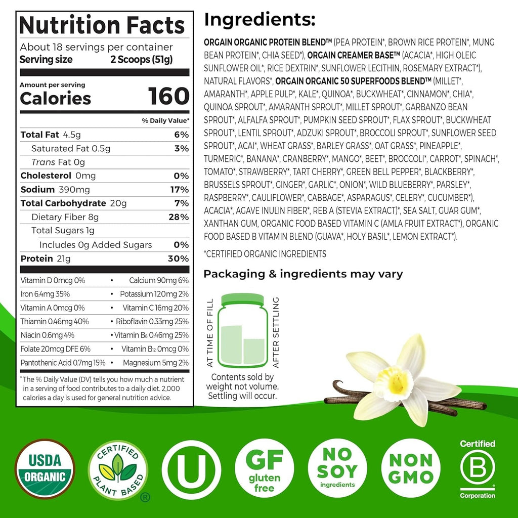 Organic Protein And Superfoods Plant Based Protein Powder - Vanilla Bean