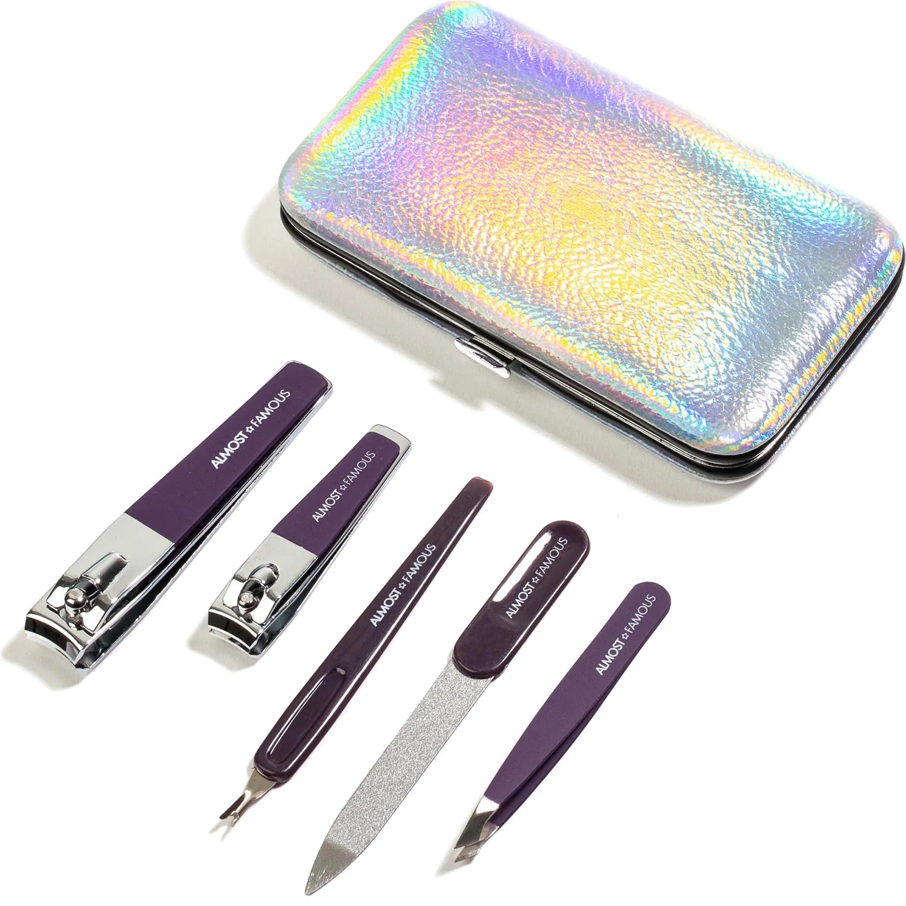 5 Piece Manicure Kit with Holographic Travel Case - Silver