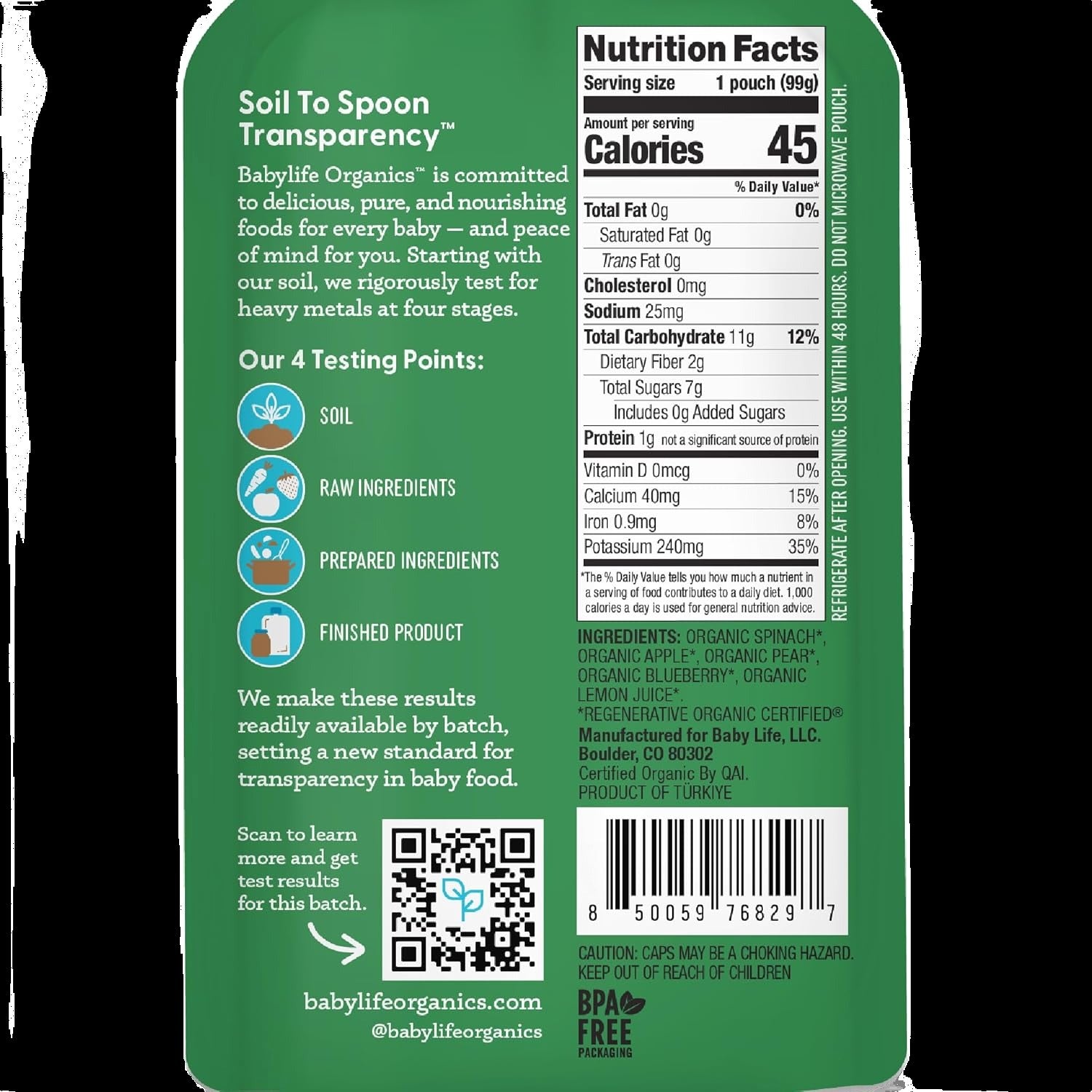 Spinach, Apple, Pear, Blueberry Baby Food Pouches (6 CT)