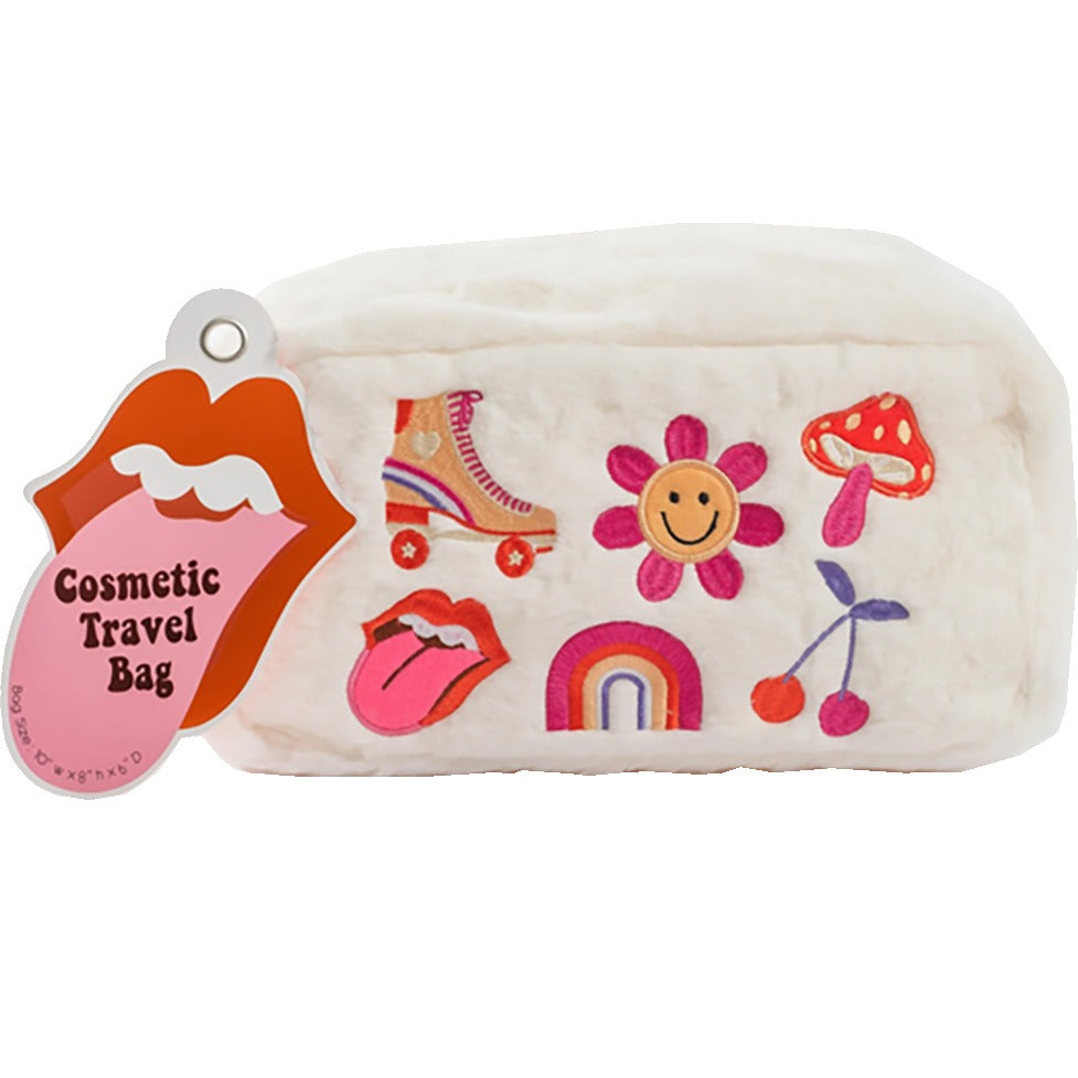 Retro Embroid Faux Fur Cosmetic Bag