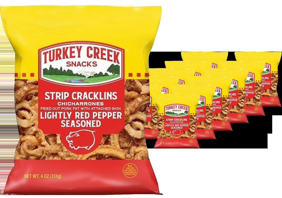 Strip Cracklins Chicharrones - Lightly Red Pepper Seasoned (12 Pack)
