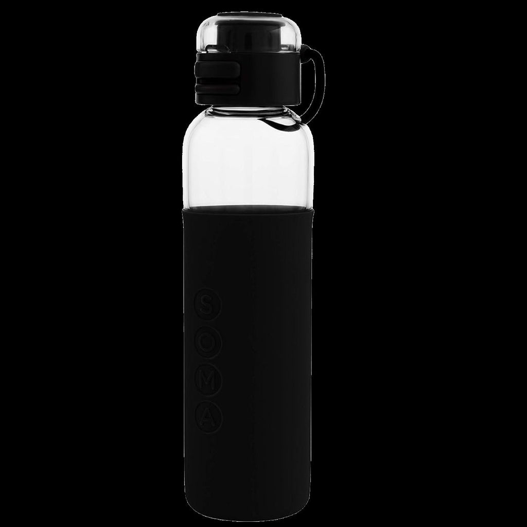 17oz Glass Water Bottle With Silicone Sleeve, Sport Cap - Black