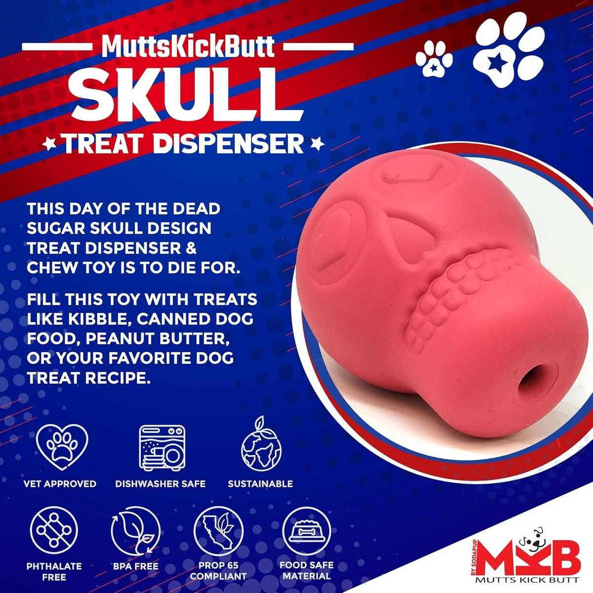 MuttsKickButt Skull – Dog Treat Dispenser & Chew Toy - Pink
