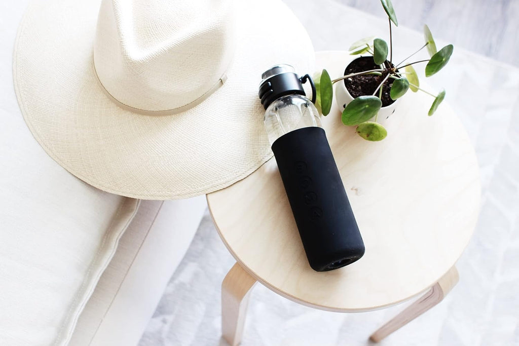 17oz Glass Water Bottle With Silicone Sleeve, Sport Cap - Black