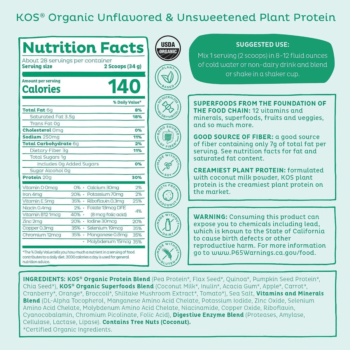 Organic Plant Based Protein Powder - Unflavored & Unsweetened