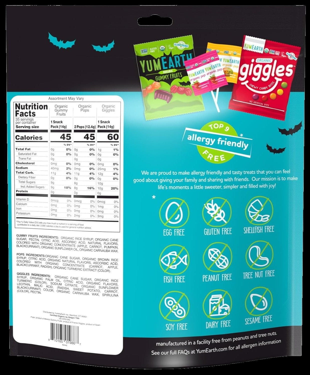 Organic Halloween Candies Variety Pack (Gummy Fruits, Lollipops, And Giggles) (50 CT)