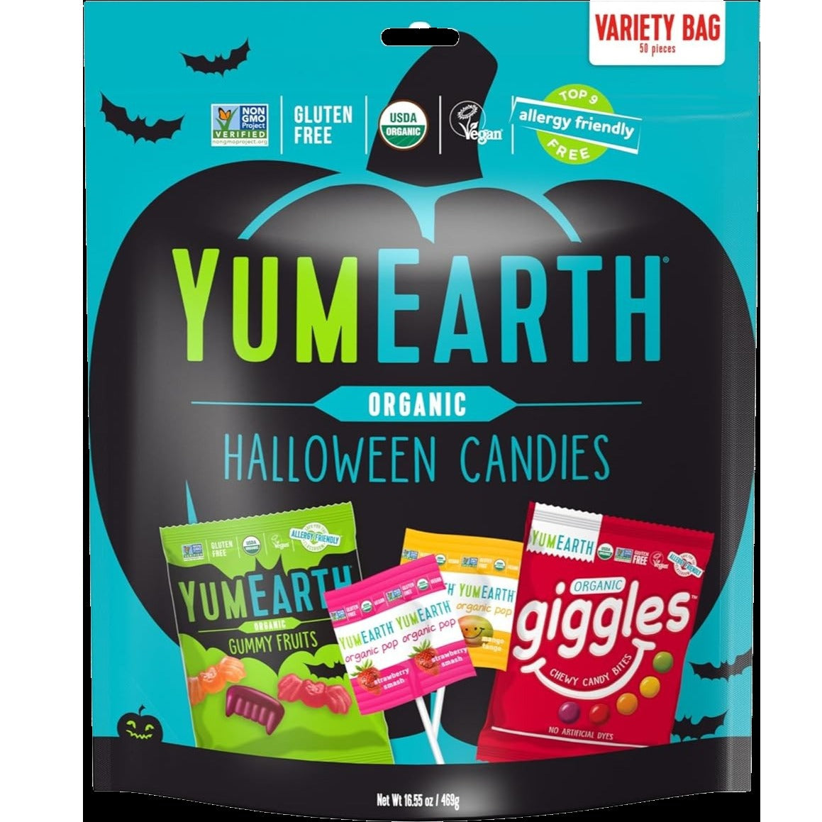 Organic Halloween Candies Variety Pack (Gummy Fruits, Lollipops, And Giggles) (50 CT)