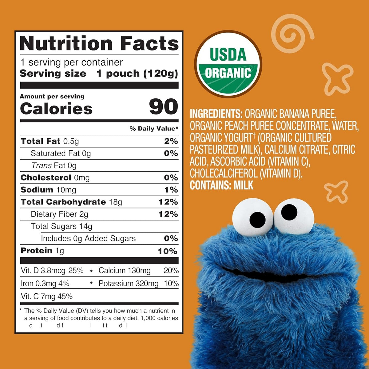 Organic Sesame Street Toddler Fruit Yogurt Smoothie - Peach Banana (12 Pack)