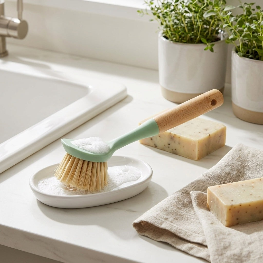 Bamboo Long Handled Dish Brush With Scraper - Sage