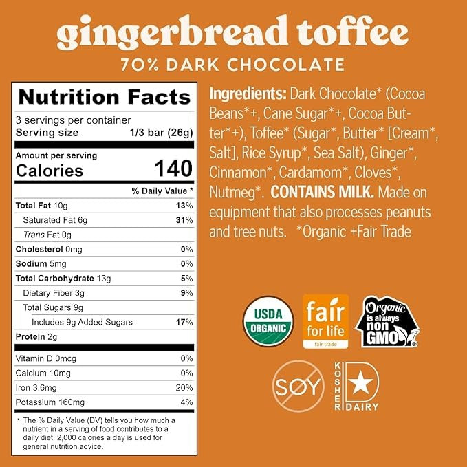 Organic Dark Chocolate 70% Gingerbread Toffee